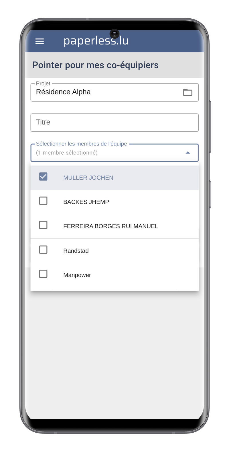 Capture d'écran de la sélection ad-hoc des membres d'équipe sur mobile