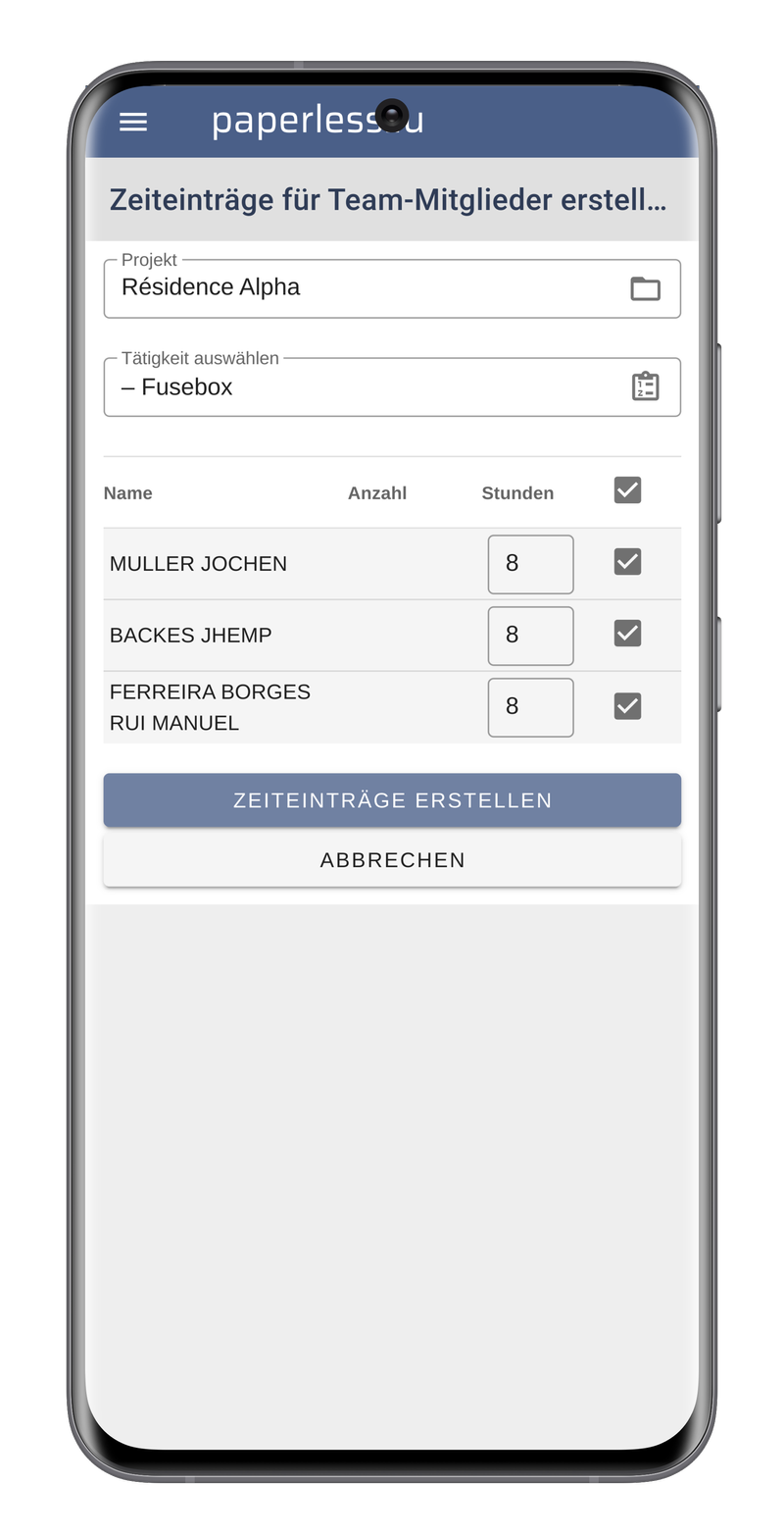 Screenshot des teambasierten Zeiterfassung auf einem Mobiltelefon